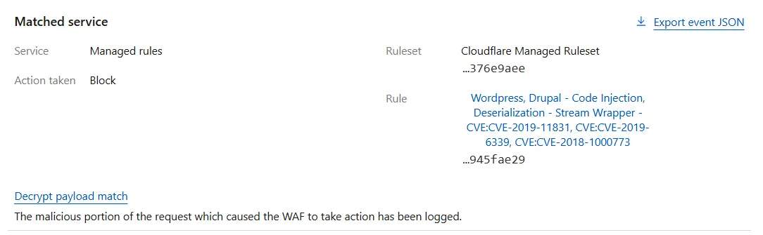 Example of a security event with available payload match data (still encrypted)